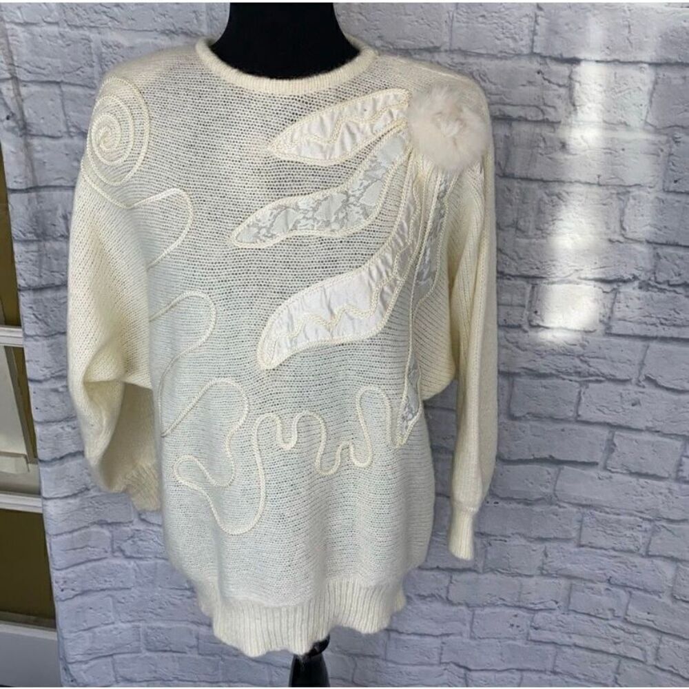 Adolfo Vintage women L Crewneck sweater w/cording, lace satin feather appliqués